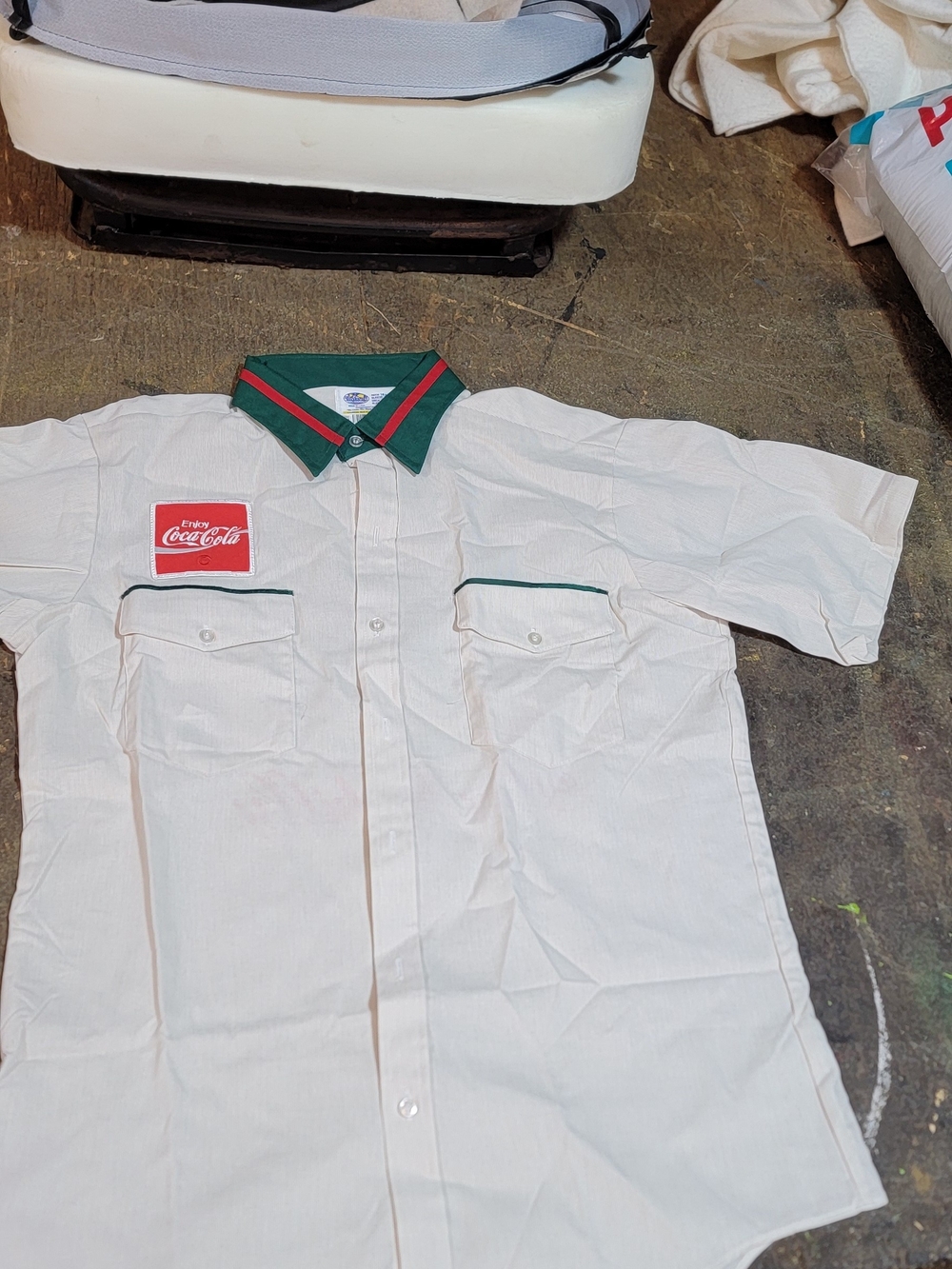 Coca Cola Cream Short-Sleeve Button Down Shirt with Green Collar and Trim
